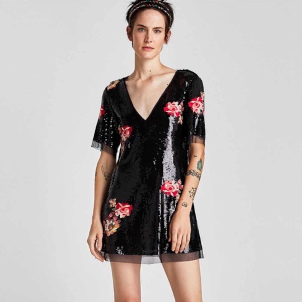 Zara sequins floral embroidered dress